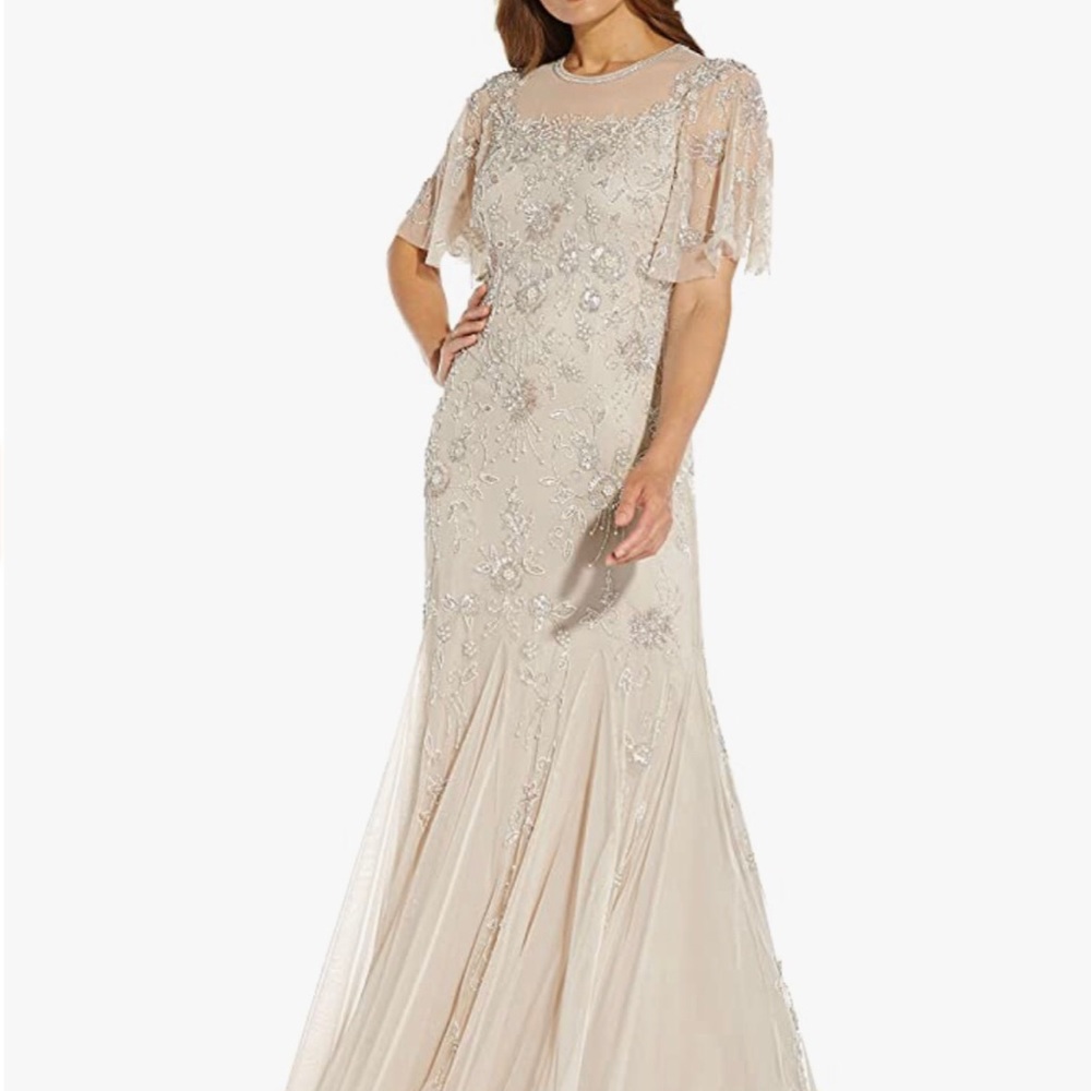 Adrianna Papell HAND-BEADED LONG GOWN IN BISCOTTI
